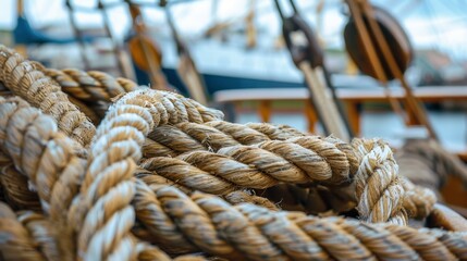 Fototapeta premium Close-up of thick, coiled rope on a ship. The background features blurred wooden elements and a hint of water, emphasizing nautical themes.