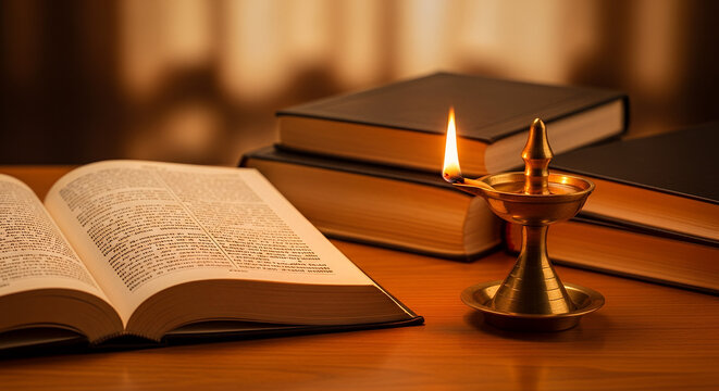 Ramanuja Jayanti: Ancient Hindu scriptures, spiritual texts beside a traditional glowing oil lamp, symbolizing wisdom and devotion.