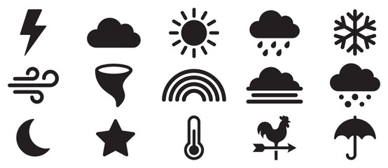 Naklejka premium Weather icons collection representing various meteorological conditions and atmospheric phenomena for forecasting and climate representation.