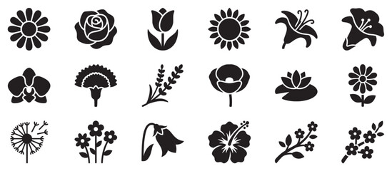 Obraz premium Elegant flower icons collection featuring a diverse range of beautiful botanical silhouettes perfect for various design projects and graphic elements.