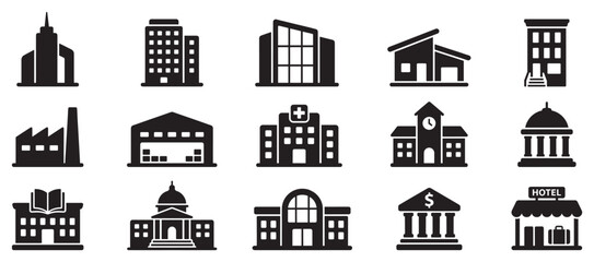 Obraz premium Building icons set representing various types of architecture and urban structures for design and illustration purposes.