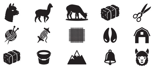 Fototapeta premium Alpaca farming and wool production icons collection depicting various elements of the animal, its care, and fiber processing.