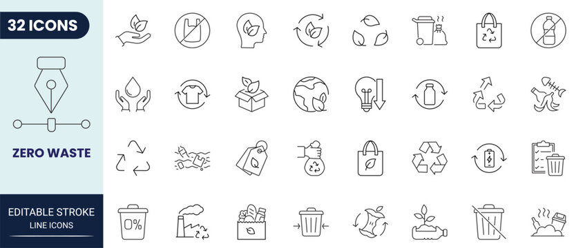 Zero waste icon set in outline style. Collection of zero waste, recycle, eco friendly, sustainability, environment, and green living. Editable stroke. Vector icon collection.