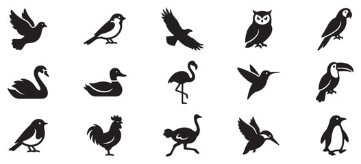 Fototapeta premium Various birds icons collection featuring different species and shapes, perfect for nature, wildlife, and animal-related designs.
