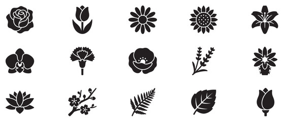 Fototapeta premium Flower icons set featuring various botanical plant silhouettes and leaves in a minimalist black graphic style.