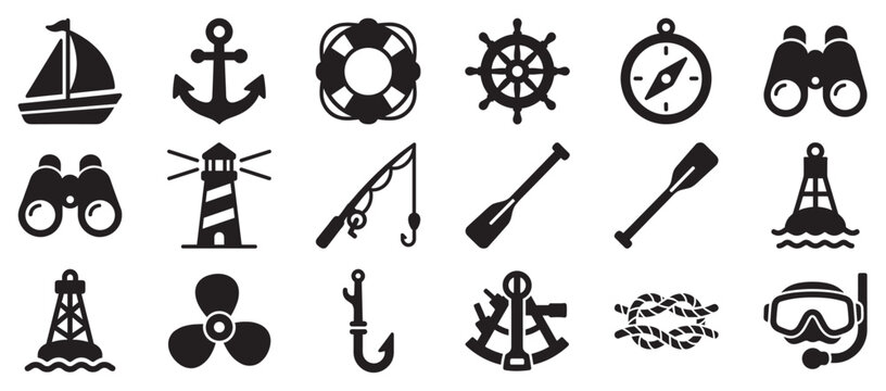 Nautical marine sailing boat fishing diving icons set collection for ocean adventure and water sports activities.