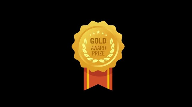 Animated Winner Gold Medal with Red Ribbon. Shiny Gold Winner Medal Animation for Certificate and Excellence Award. alpha chanel