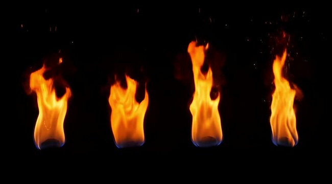 Four Bright Orange Fire Flames Burning in a Row on Black Background