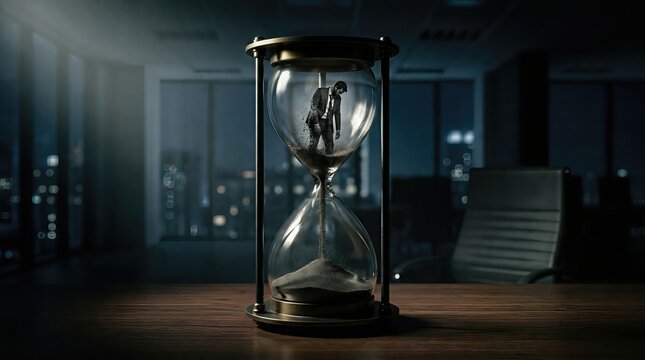 Concept of burnout and stress in a business office captured through a surreal scene of a figure trapped in an hourglass during night work hours