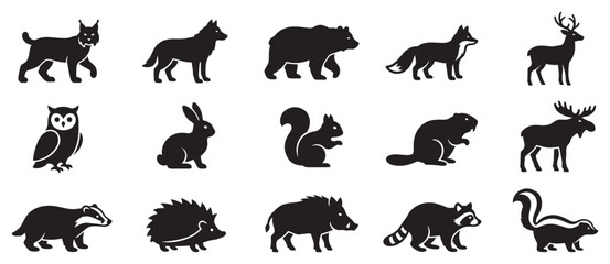Obraz premium Collection of various wild forest animals silhouettes and woodland creatures icons for nature designs, educational materials, and wildlife themes