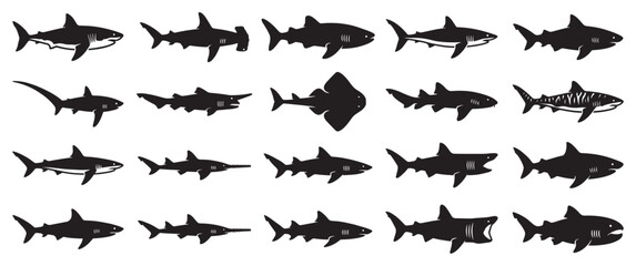 Fototapeta premium Various shark silhouettes and marine creatures swimming in a collection of diverse ocean predator illustrations.