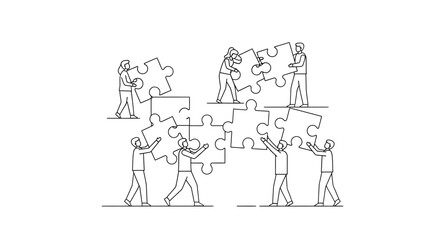 Teamwork assembling jigsaw puzzle pieces, concept of collaboration