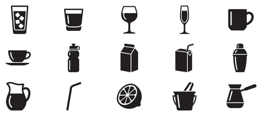 Beverage icons set featuring various drinks and containers, perfect for menus, websites, and graphic design projects.