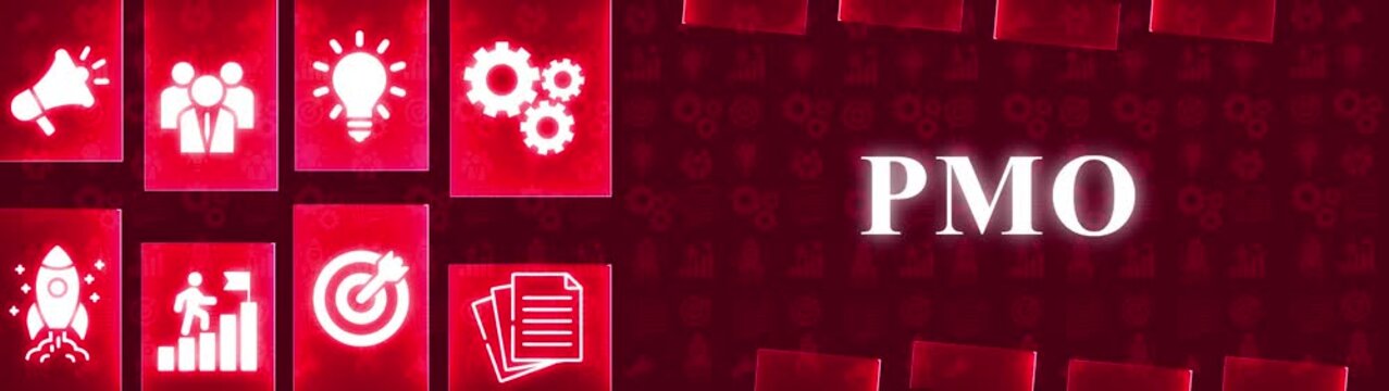 Red Gradient Background with Business Icons and PMO Text project management office project