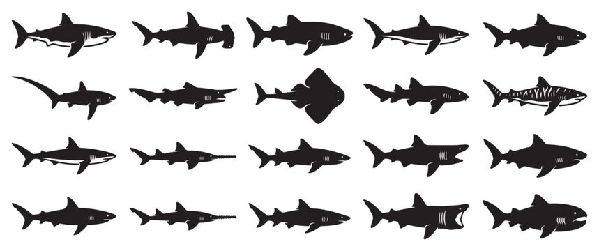Various shark silhouettes and marine creatures swimming in a collection of diverse ocean predator illustrations.