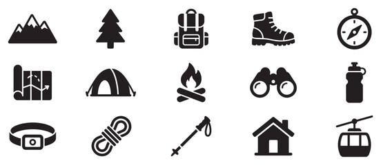 Collection of outdoor adventure and camping icons representing essential gear and nature symbols for wilderness exploration.