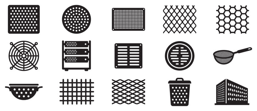Perforated metal objects and mesh grates collection featuring various ventilation, filtration, and protective elements in a comprehensive icon set.