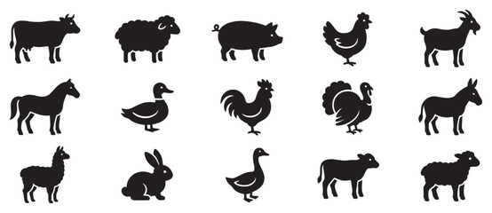 Fototapeta premium Farm animals silhouettes collection of various domestic creatures commonly found on agricultural properties and homesteads.