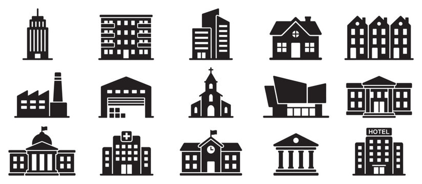 Various building icons representing different architectural structures and functions within urban and community settings.