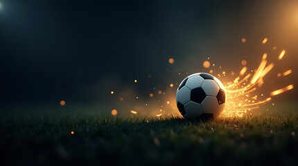 Naklejka premium AI Generated Soccer Ball with Fire Spark Effects on Grass Field and Dark Copy Space Background