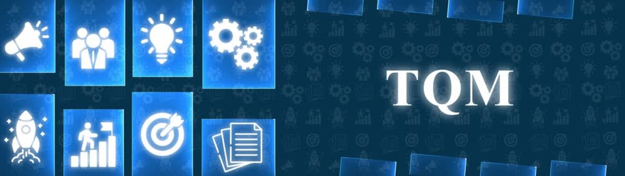 TQM Total Quality Management Concept with Icons and Dark Blue Background quality control assurance