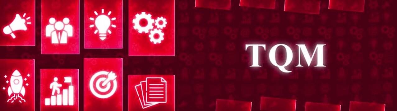 TQM Total Quality Management Concept with Icons and Dark Red Background quality control assurance