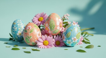 Fototapeta premium Easter day celebration with colorful decorated eggs and flowers
