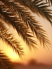 Obraz premium Palm tree fronds are silhouetted against a vibrant orange and yellow sunset sky