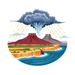 Illustrated landscape with volcanic mountains and rainfall © Yhukaz