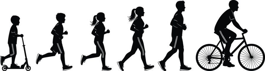 Human growth silhouette, childhood to adulthood, running activity, scooter riding, bicycle motion, fitness lifestyle, development stages, evolution concept, active people illustration, flavector