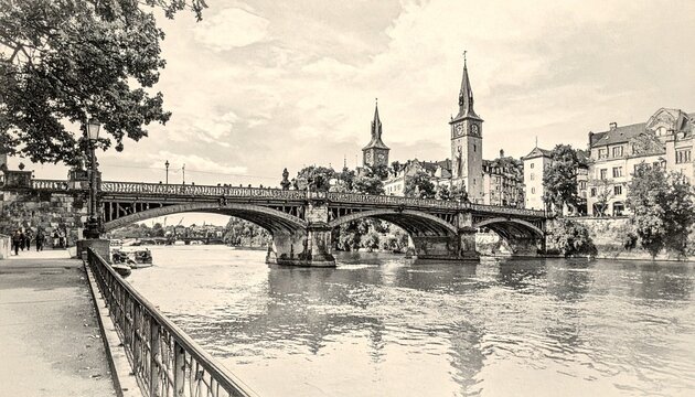 Vintage view of Basel, Switzerland, featuring the Mittlere Br?cke over the Rhine River.