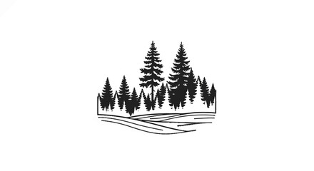 Obraz premium Black ink silhouette of a forest with rolling hills and trees