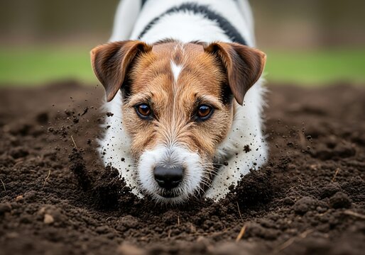 Jack Russell Terrier dog digging hole in soil