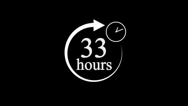 33 Hours Countdown Timer Animation. Stopwatch Clock icon with 33 Hour&rsquo;s Time Management on Black Background. 4k video.