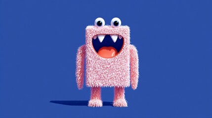 Fototapeta premium Cute white funny pink fluffy monster on blue background