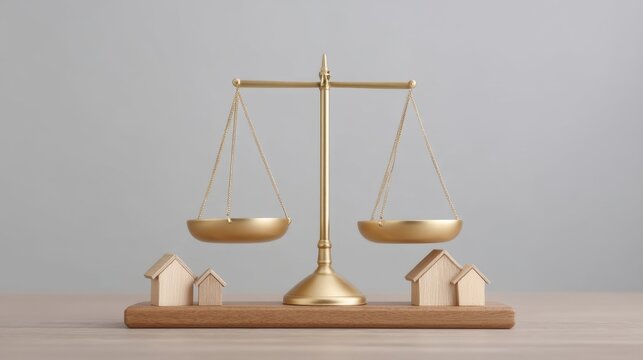 Symbol of Justice with Scales and Small Houses Representing Fairness and Equity in Society