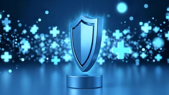 Shiny blue shield trophy on pedestal with glowing crosses in background