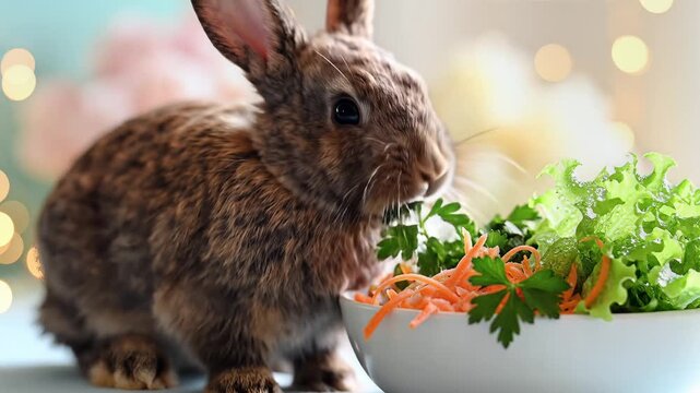 Adorable brown rabbit eating fresh salad with carrots and parsley.