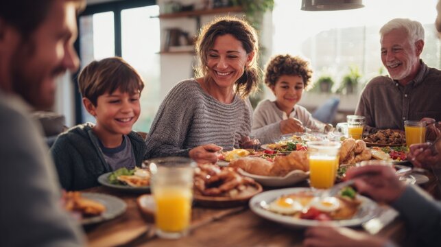 Multigenerational family gathering, enjoying happy moments and sharing a meal