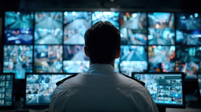 Security guard monitoring multiple surveillance cameras in a central control room