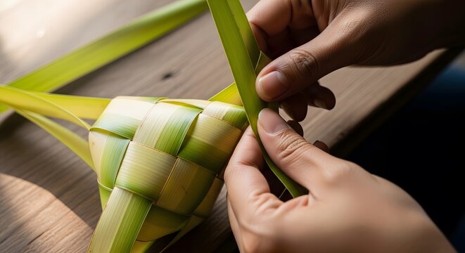 Close Up Hands Weaving Traditional Ketupat Rice Cake for Eid