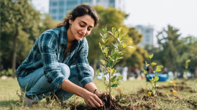 Young woman planting a tree in a park, fostering a sustainable environment