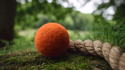 A bright orange fuzzy ball and a thick rope lie on mossy ground in a lush green natural environment