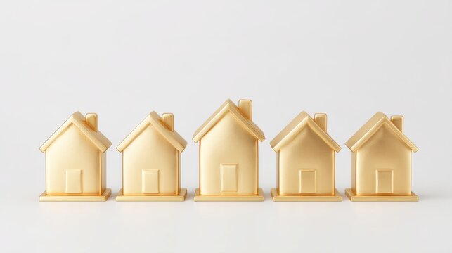 Shining Gold Models of Houses Arranged Symmetrically on a Light Background for Elegant Home Decor Inspiration