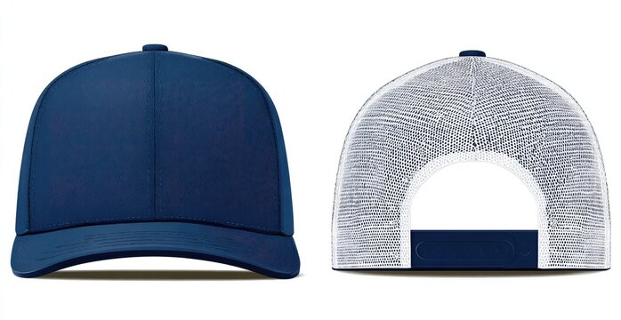 Front/back view of a navy blue trucker hat with white mesh back