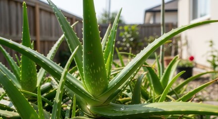 Aloe vera plant with sharp green leaves in a garden setting outdoors in natural lighting conditions