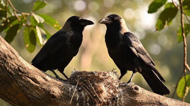 Two ravens perched on tree branch interacting in natural habitat