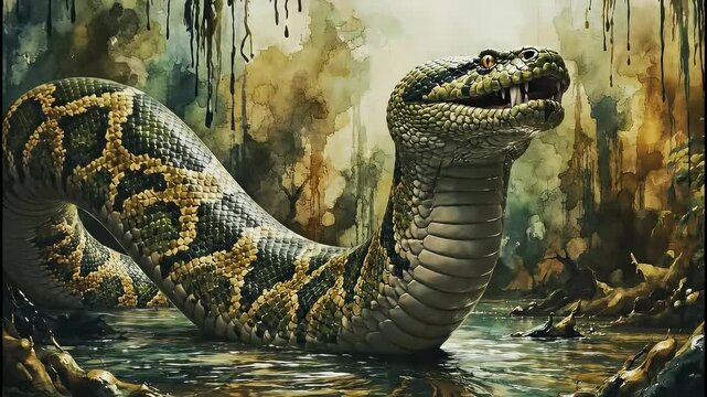 Scary anaconda snake attacks in a river while creating a living watercolor painting