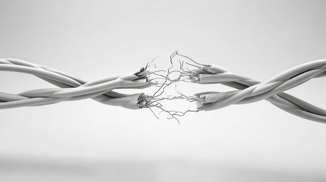 3D conceptual illustration of frayed and broken communication cables symbolizing network outage, cyber security breach, data loss, connection errors, system crashes, and fragile digital infrastructure
