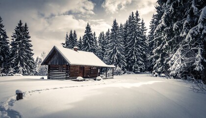 Fototapeta premium Winter Cabin Retreat - A Cozy Escape in a Snowy Landscape.